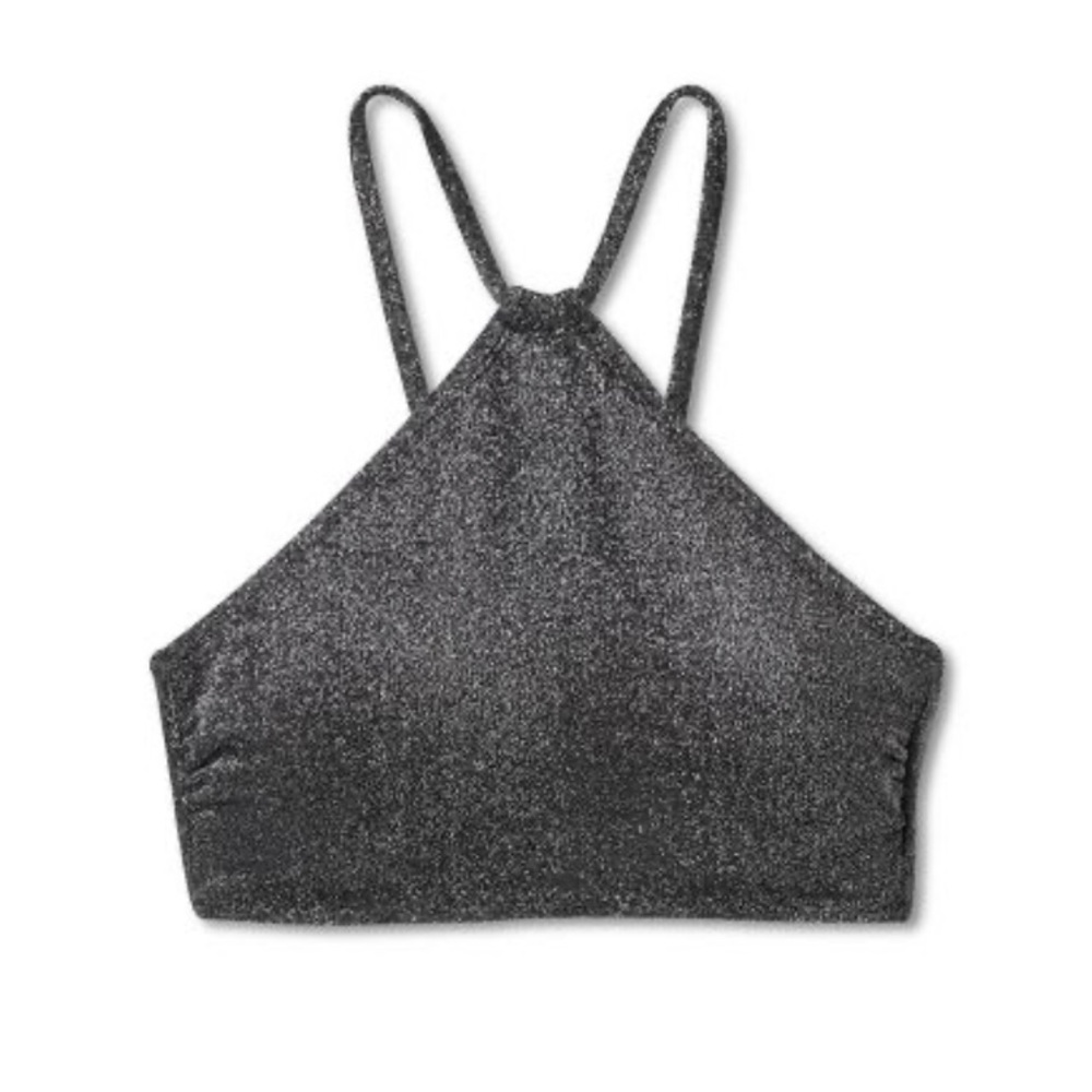 NWT WILD FABLE WOMENS BIKINI TOP HALTER BRALETTE BLACK LUREX - Picture 1 of 7